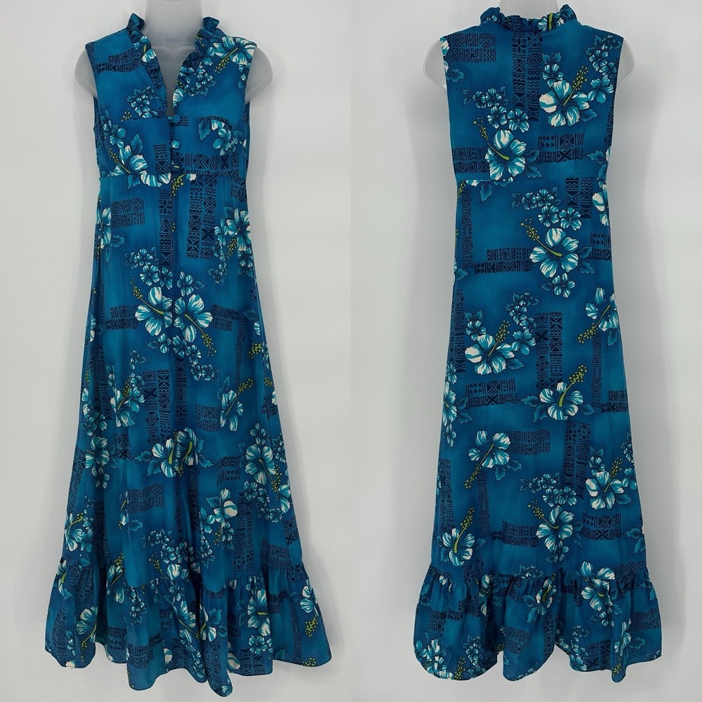 VTG 60s 70s Hawaiian Maxi Dress Hukilau Fashions Blue Floral Empire Waist Ruffle